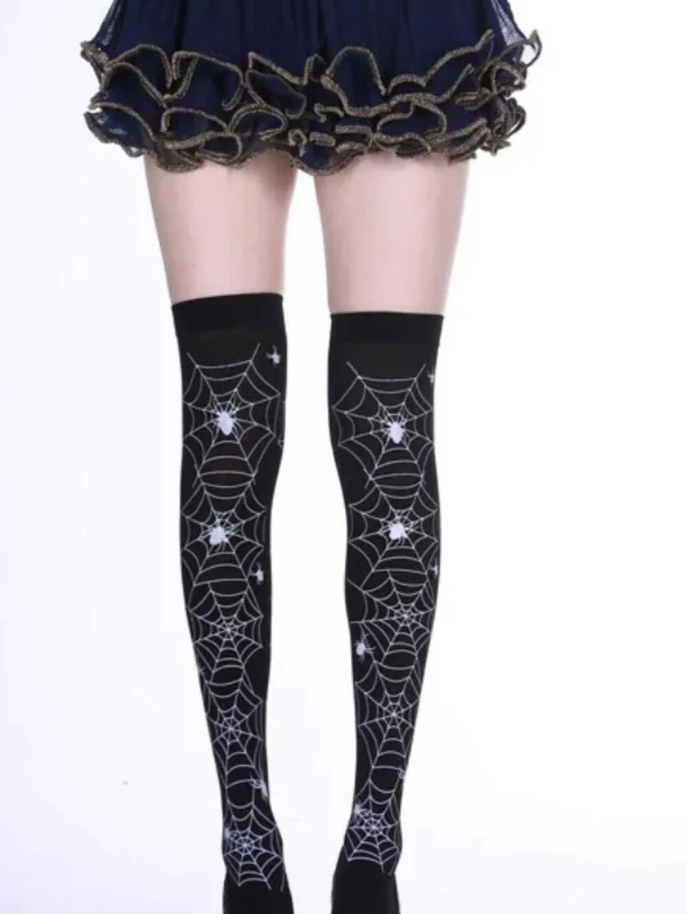 Black With White Spider & Webs Thigh-High Socks